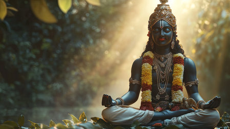 A peaceful image of Lord Krishna seated in meditation, with soft lighting and a clear area for copyの素材
