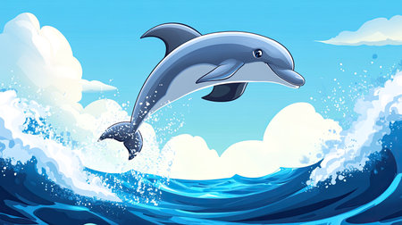 A happy cartoon dolphin jumping through waves with room for text in the skyの素材