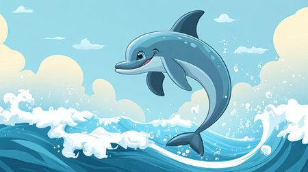 A happy cartoon dolphin jumping through waves with room for text in the skyの素材
