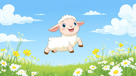 Cute cartoon lamb leaping through a meadow with room for writing in the blue skyの素材