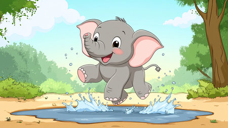 Cartoon baby elephant splashing in a puddle with open sky space for copyの素材
