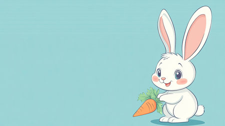 Cartoon bunny holding a carrot with space for text in the backgroundの素材