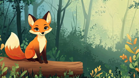 Cartoon fox sitting on a log in the forest with ample space for text in the sceneの素材