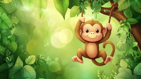 Cute cartoon monkey hanging from a tree branch with open space for text in the jungleの素材