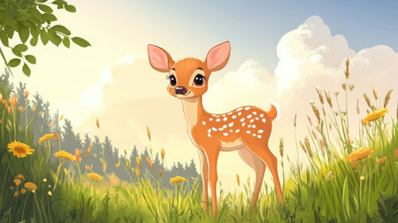 Cartoon deer fawn standing in a meadow with a bright sky and space for textの素材