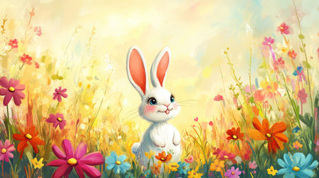 Cartoon bunny with floppy ears hopping through a colorful field of flowers. Ample space for text aboveの素材