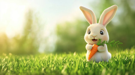 Playful cartoon bunny holding a carrot with space for copy in the green fieldの素材