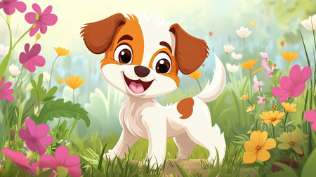 Cute cartoon puppy wagging its tail in a garden, with plenty of room for text in the backgroundの素材