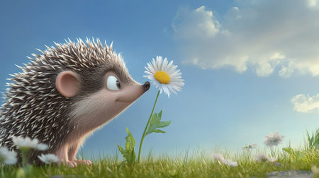 Playful cartoon hedgehog sniffing a flower with ample room for copy in the skyの素材