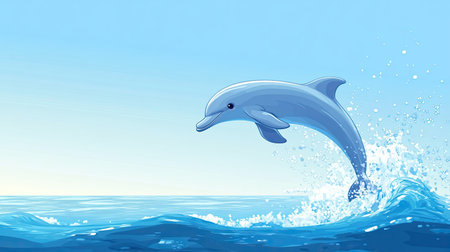 A playful cartoon dolphin jumping out of the ocean, creating a splash. Clear blue sky with copy spaceの素材