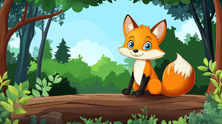 Cartoon fox sitting on a log in the forest with ample space for text in the sceneの素材