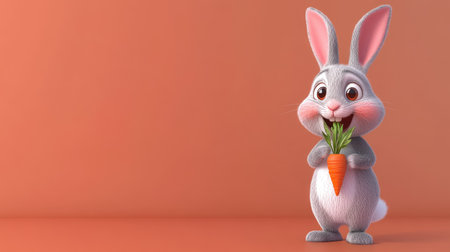 Cartoon bunny holding a carrot with space for text in the backgroundの素材