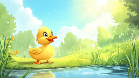 Cartoon duckling waddling along a pond, looking cheerful. Space for text in the bright skyの素材