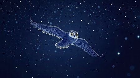 Cartoon owl flying through a starry night sky with space for text in the dark skyの素材