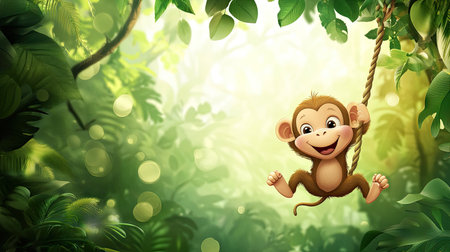 A playful cartoon monkey swinging from a vine with space for copy in the jungle backgroundの素材