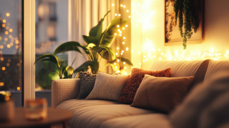 A cozy living room with decorative cushions, soft lighting, and space for copy or design elementsの素材