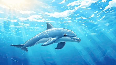 A happy cartoon dolphin swimming in the ocean, leaving room for text in the skyの素材