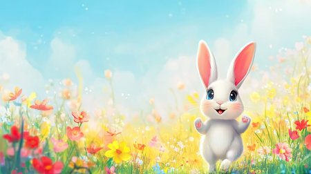 Cartoon bunny hopping through a colorful field with space for writing in the backgroundの素材