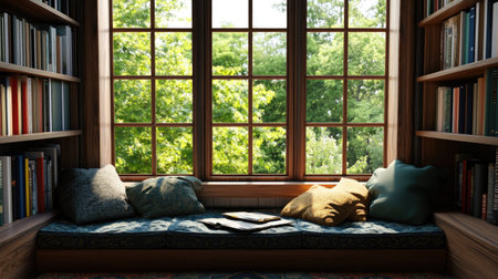 A cozy reading nook by the window with books, cushions, and space for copy or textの素材