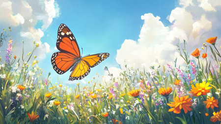 Cartoon butterfly fluttering through a field of wildflowers with bright copy space in the skyの素材