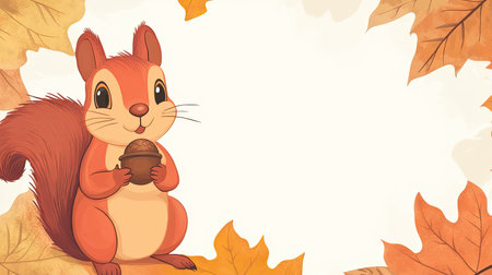 Cartoon squirrel holding an acorn with space for text in the leafyの素材