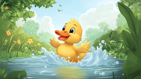 Happy cartoon duckling in a pond with open sky space for textの素材