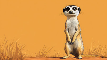 Cartoon meerkat standing alert in the savannah with plenty of space for text aboveの素材