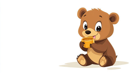 Cartoon bear cub eating honey with ample space for writing in the sceneの素材