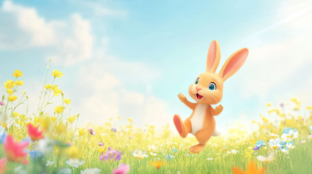 Cartoon bunny hopping through a colorful field with space for writing in the backgroundの素材