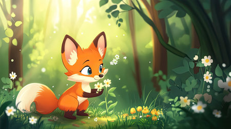 Cute cartoon fox cub sniffing flowers in the forest with space for writing aboveの素材