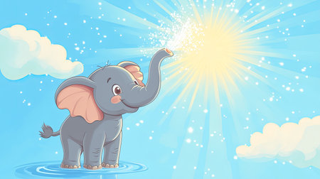 Cartoon elephant spraying water with its trunk under a sunny sky. Blue sky and room for text spaceの素材