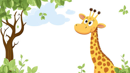Cartoon giraffe reaching for leaves on a tree, with open sky space for textの素材