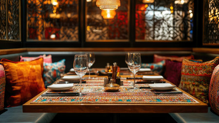 A beautifully arranged South Asian restaurant with decorative elements and empty space for copy or textの素材