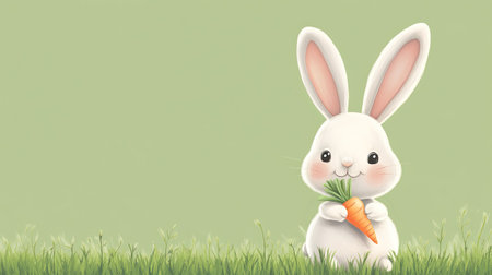 Playful cartoon bunny holding a carrot with space for copy in the green fieldの素材
