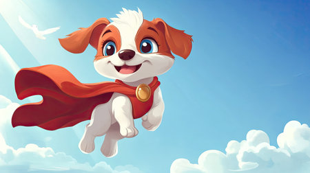 Playful cartoon puppy wearing a superhero cape with space for text in the skyの素材