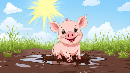 Cartoon piglet playing in a mud puddle under the sun, with ample room for text in the backgroundの素材