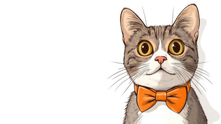 Cute cartoon cat wearing a bow tie, looking playful. Lots of white space for writing around the imageの素材