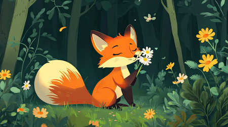 Cute cartoon fox cub sniffing flowers in the forest with space for writing aboveの素材