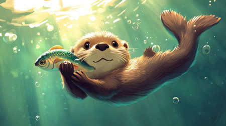 Playful cartoon otter swimming on its back with a fish in its paws. Plenty of space for writingの素材