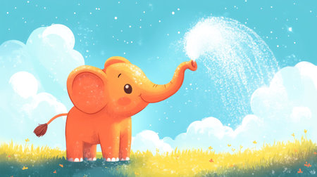 Cartoon elephant spraying water with its trunk under a sunny sky. Blue sky and room for text spaceの素材