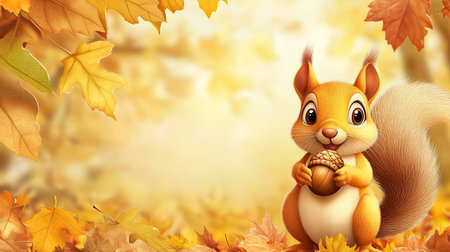 Cartoon squirrel holding an acorn with space for copy in the leafy backgroundの素材