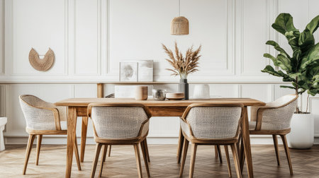A cozy dining room with modern chairs, a wooden table, and decorative elements, providing space for textの素材