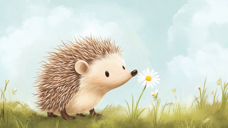 Playful cartoon hedgehog sniffing a flower with ample room for copy in the skyの素材
