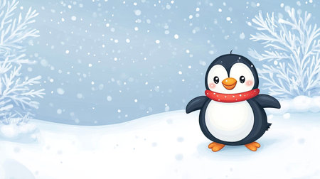Playful cartoon penguin sliding on ice with space for writing in the snowy backgroundの素材
