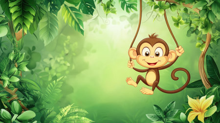 Cartoon monkey swinging from a vine in a jungle scene. Lots of room for text in the green backgroundの素材