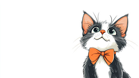 Cute cartoon cat wearing a bow tie, looking playful. Lots of white space for writing around the imageの素材