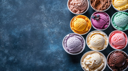 A delicious array of different ice cream flavors in a top view shot, with or textの素材
