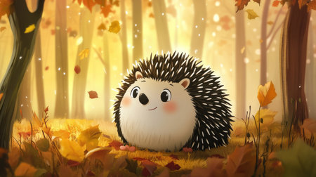 Cute cartoon hedgehog rolling into a ball in a leafy forest, with room for copy in the sceneの素材