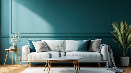 A beautifully decorated living room with a modern sofa, coffee table, and copy space for textの素材