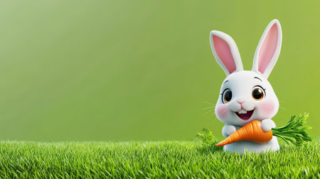 Playful cartoon bunny holding a carrot with space for copy in the green fieldの素材